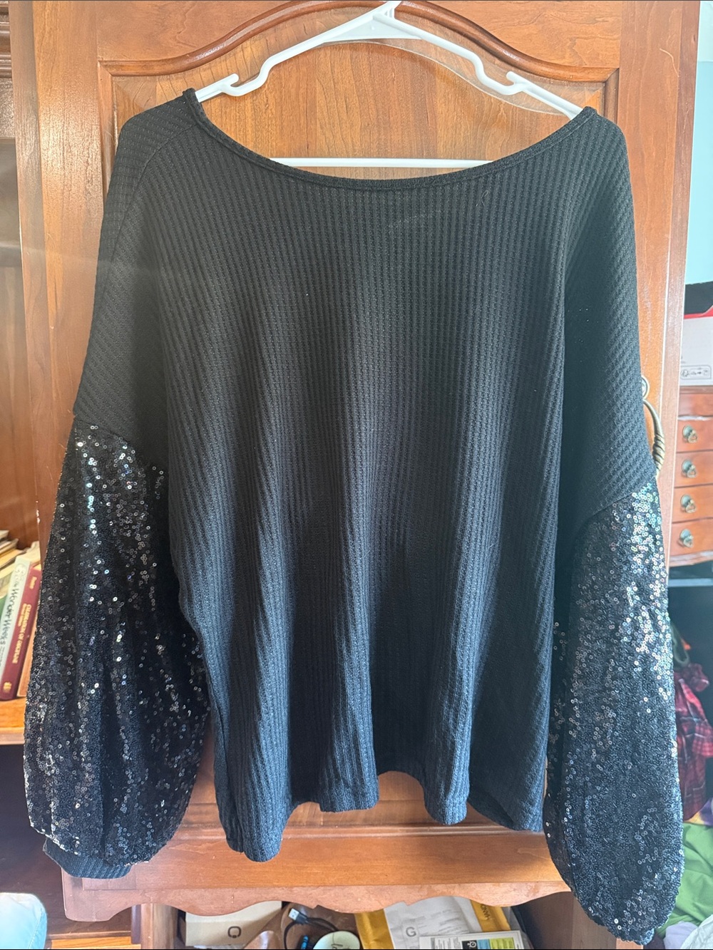 Black Sequin Sleeve Knit Top